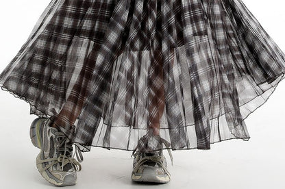 Pleated Plaid Maxi A-Line Skirt Elastic Waist