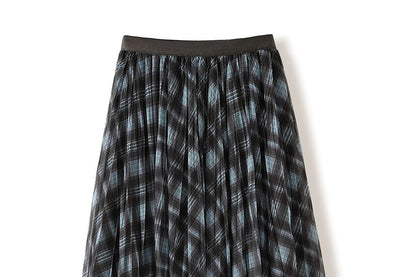 Pleated Plaid Maxi A-Line Skirt Elastic Waist
