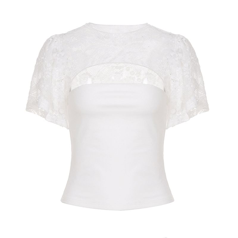 Bell Sleeve Lace Panel Cut-Out Slim-Fit Top