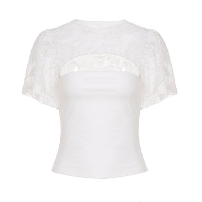 Bell Sleeve Lace Panel Cut-Out Slim-Fit Top