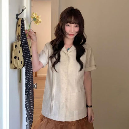 Lapel Collar Lace Panel Short-Sleeve Pintuck Blouse