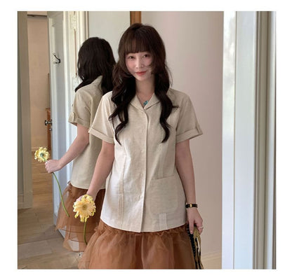 Lapel Collar Lace Panel Short-Sleeve Pintuck Blouse