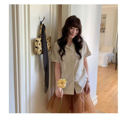 Lapel Collar Lace Panel Short-Sleeve Pintuck Blouse