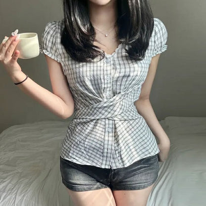Plaid Puff-Sleeve V-Neck Blouse with Lace Trim