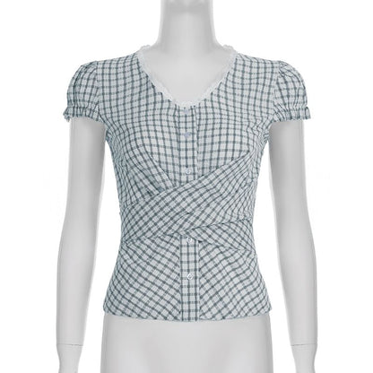 Plaid Puff-Sleeve V-Neck Blouse with Lace Trim