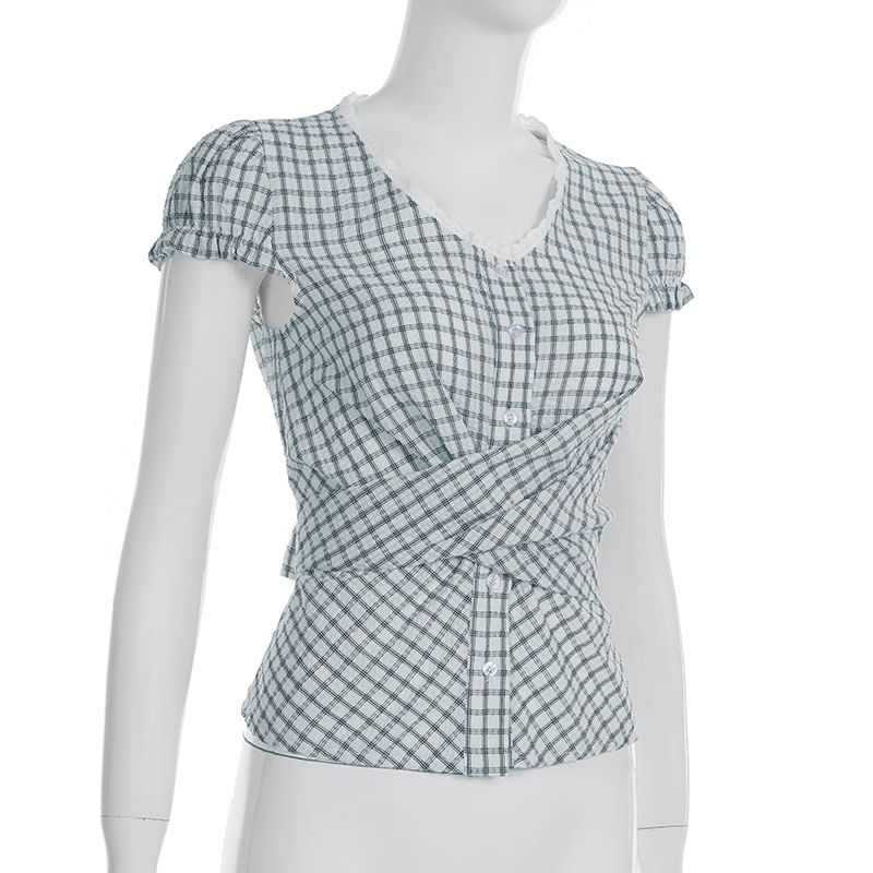 Plaid Puff-Sleeve V-Neck Blouse with Lace Trim