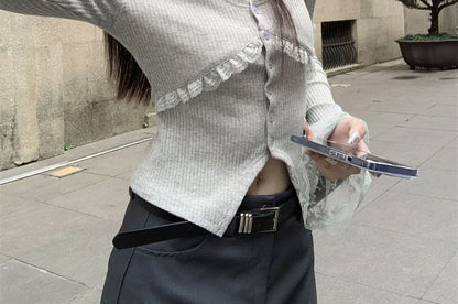 V-Neck Ruffle Button Ribbed Lace Panel Long Sleeve Top