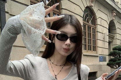 V-Neck Ruffle Button Ribbed Lace Panel Long Sleeve Top