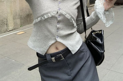 V-Neck Ruffle Button Ribbed Lace Panel Long Sleeve Top