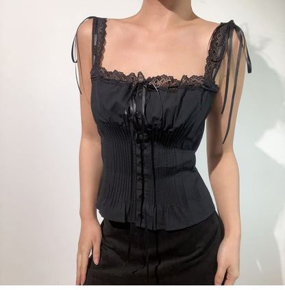 Square Neck Lace Panel Pintuck Button-Up Crop Top