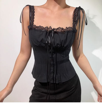 Square Neck Lace Panel Pintuck Button-Up Crop Top