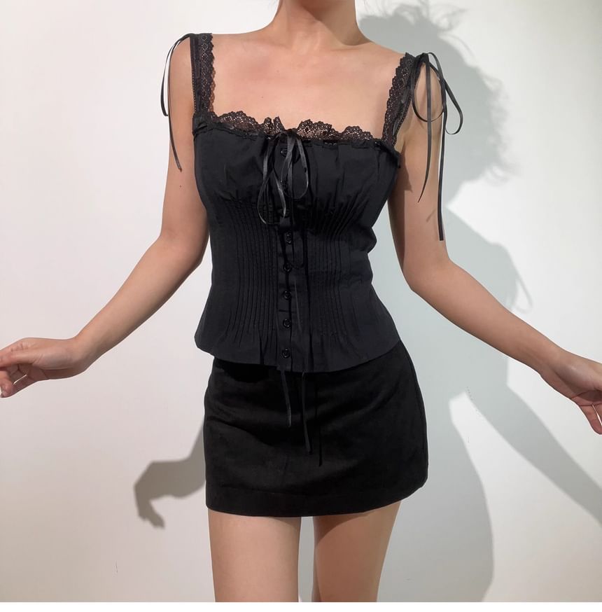 Square Neck Lace Panel Pintuck Button-Up Crop Top