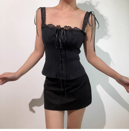 Square Neck Lace Panel Pintuck Button-Up Crop Top