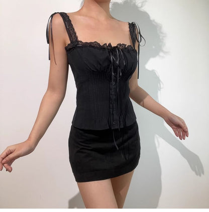 Square Neck Lace Panel Pintuck Button-Up Crop Top