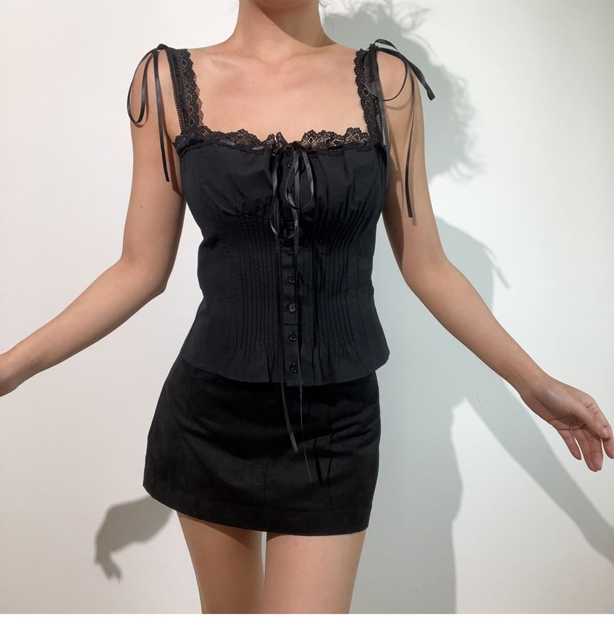 Square Neck Lace Panel Pintuck Button-Up Crop Top