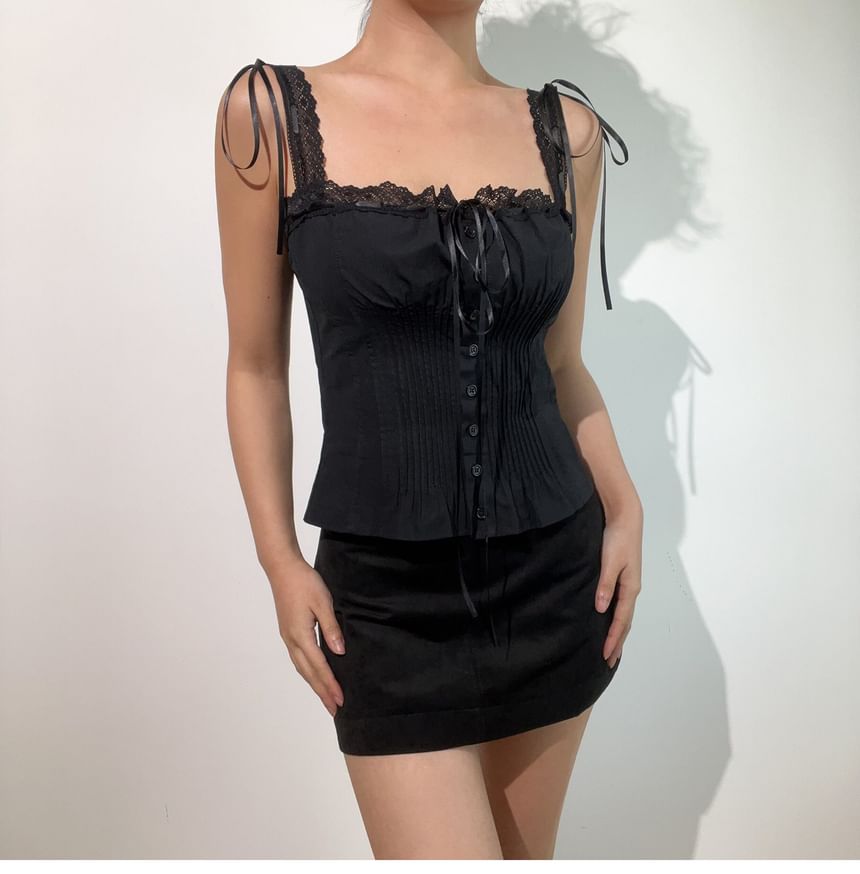 Square Neck Lace Panel Pintuck Button-Up Crop Top