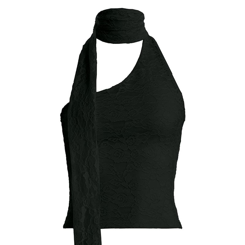 One Shoulder Scarf Collar Lace Slim-Fit Crop Tank