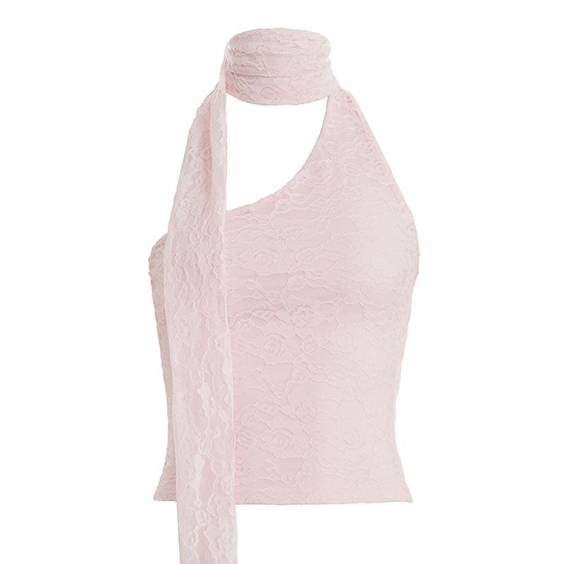 One Shoulder Scarf Collar Lace Slim-Fit Crop Tank