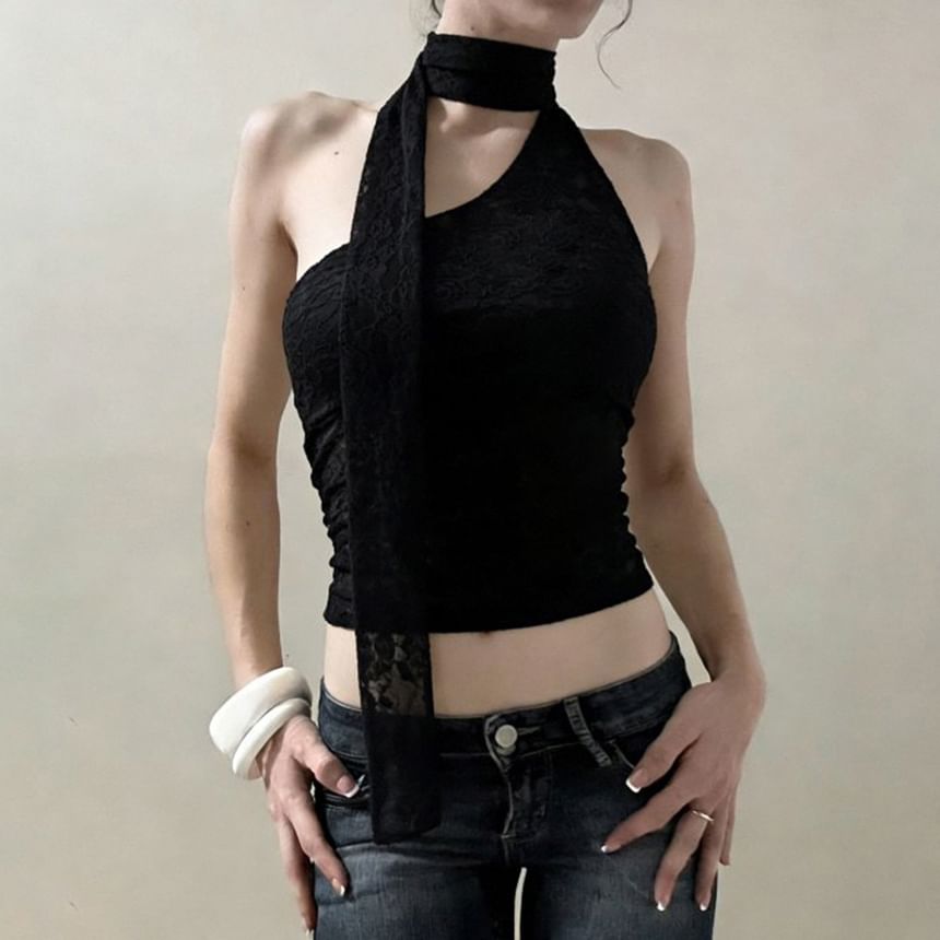One Shoulder Scarf Collar Lace Slim-Fit Crop Tank
