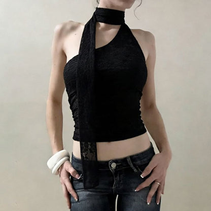 One Shoulder Scarf Collar Lace Slim-Fit Crop Tank