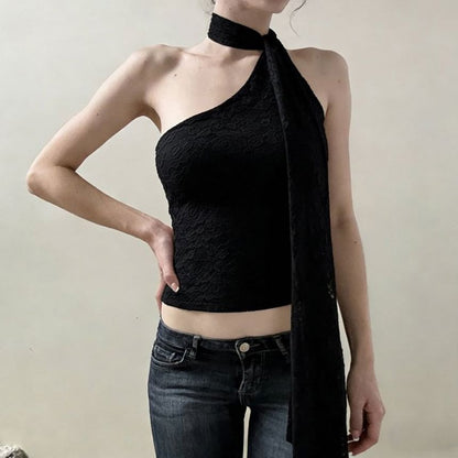 One Shoulder Scarf Collar Lace Slim-Fit Crop Tank