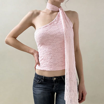 One Shoulder Scarf Collar Lace Slim-Fit Crop Tank