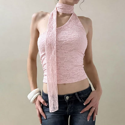 One Shoulder Scarf Collar Lace Slim-Fit Crop Tank