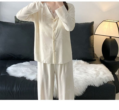 Long-Sleeve Lace Trim Top & Pants Pajama Set