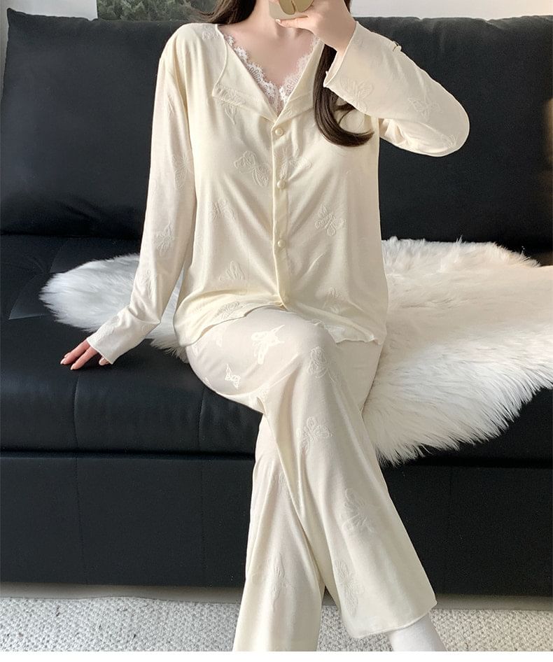 Long-Sleeve Lace Trim Top & Pants Pajama Set