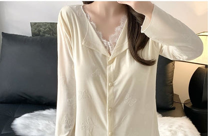 Long-Sleeve Lace Trim Top & Pants Pajama Set