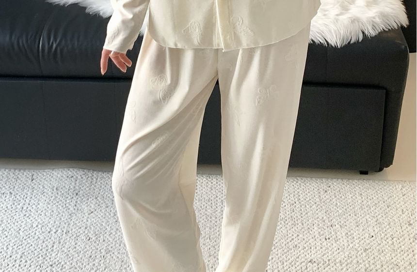 Long-Sleeve Lace Trim Top & Pants Pajama Set
