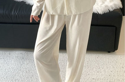 Long-Sleeve Lace Trim Top & Pants Pajama Set