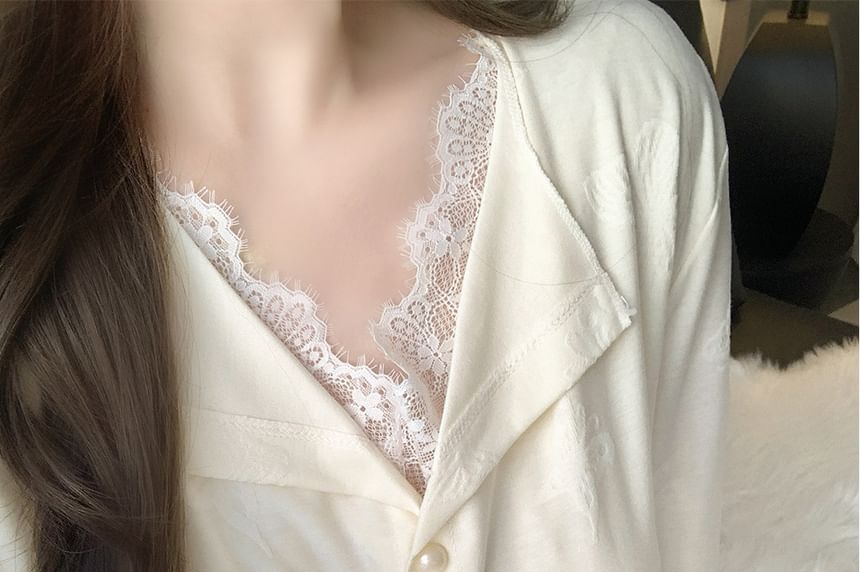 Long-Sleeve Lace Trim Top & Pants Pajama Set