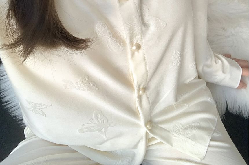 Long-Sleeve Lace Trim Top & Pants Pajama Set