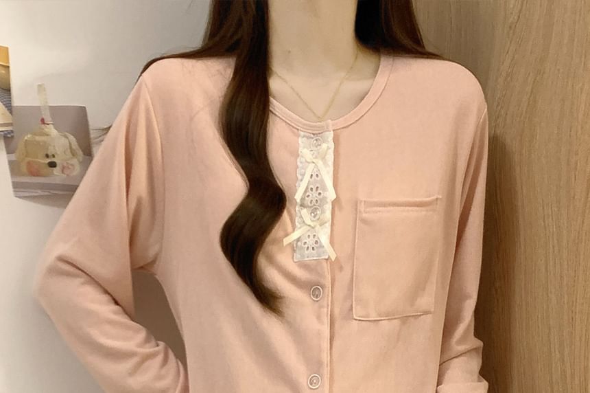 Long-Sleeve Lace Trim Top & Pants Pajama Set