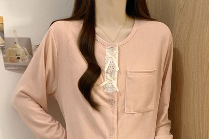 Long-Sleeve Lace Trim Top & Pants Pajama Set