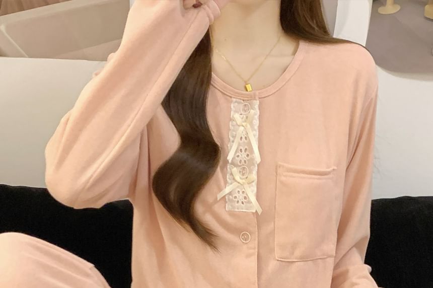 Long-Sleeve Lace Trim Top & Pants Pajama Set