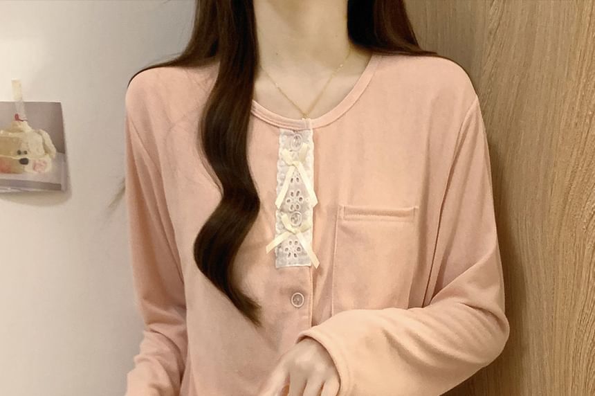 Long-Sleeve Lace Trim Top & Pants Pajama Set