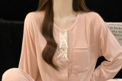 Long-Sleeve Lace Trim Top & Pants Pajama Set