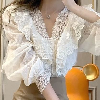 Ruffled Lace V-Neck Puff-Sleeve Blouse
