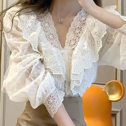 Ruffled Lace V-Neck Puff-Sleeve Blouse