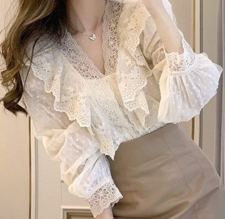 Ruffled Lace V-Neck Puff-Sleeve Blouse