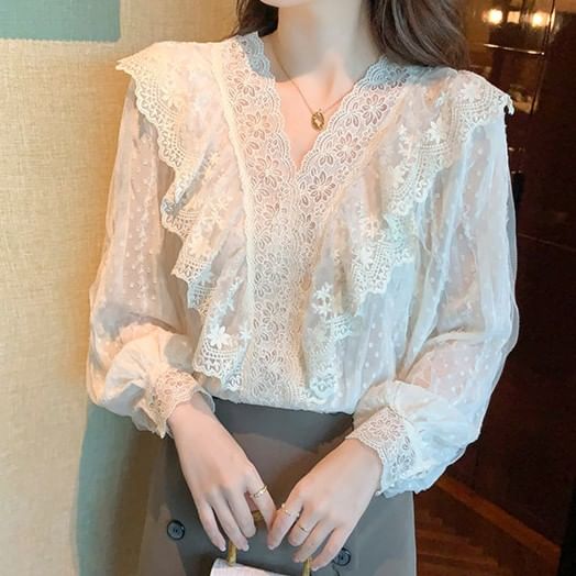 Ruffled Lace V-Neck Puff-Sleeve Blouse
