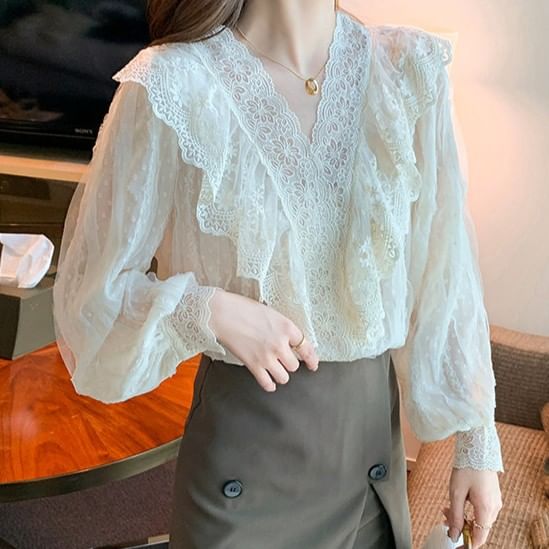Ruffled Lace V-Neck Puff-Sleeve Blouse