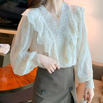 Ruffled Lace V-Neck Puff-Sleeve Blouse