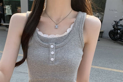 Scoop Neck Lace Trim Mock Two Piece Tank Top