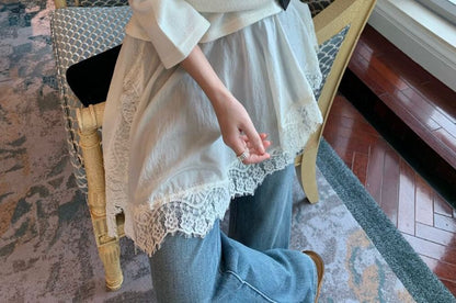 Round Neck Mock Two Piece Lace Panel Long Top