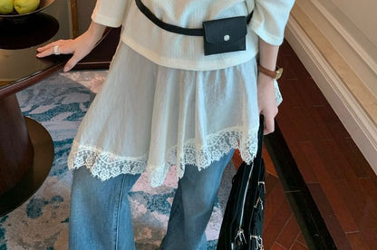 Round Neck Mock Two Piece Lace Panel Long Top