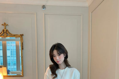 Round Neck Mock Two Piece Lace Panel Long Top