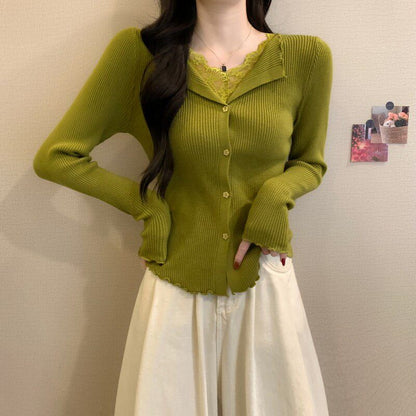 V-Neck Lace Panel Button Ribbed Knit Long Sleeve Top